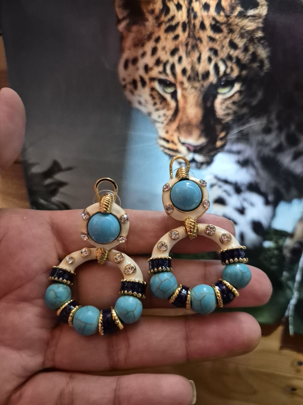 Turquoise Beaded Hoop Drop Earrings with Gold Accents